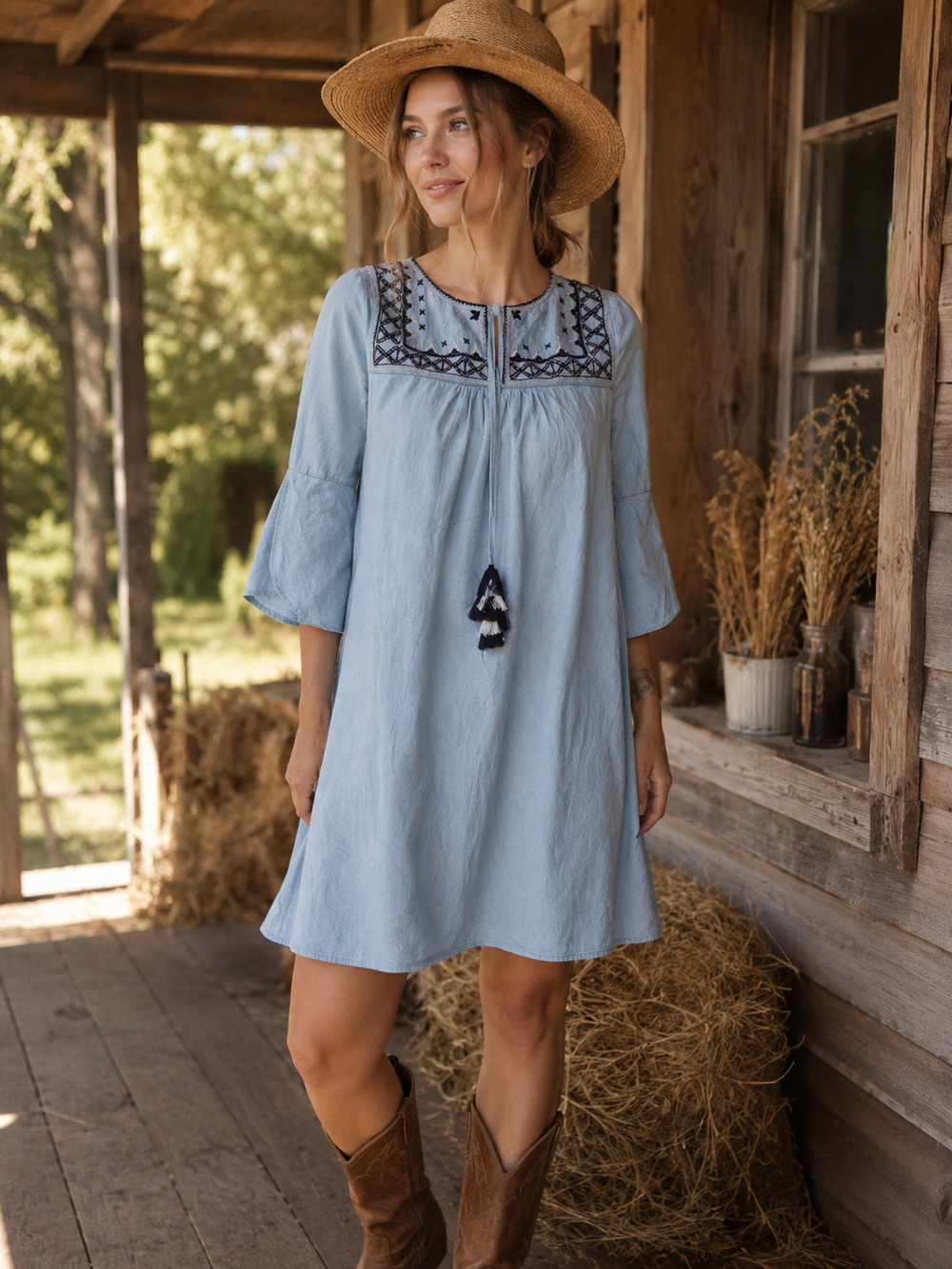 Cottagecore Embroidered Blue Cotton Chambray Bell Sleeve Festival Dress S